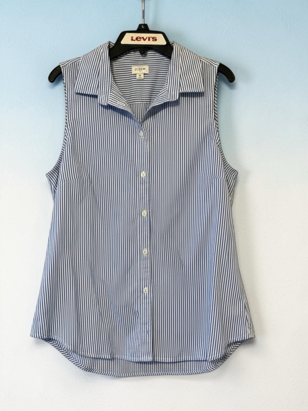 J.Crew Blue White Striped Sleeveless Button Down Top XL Coastal Preppy - Picture 2 of 8
